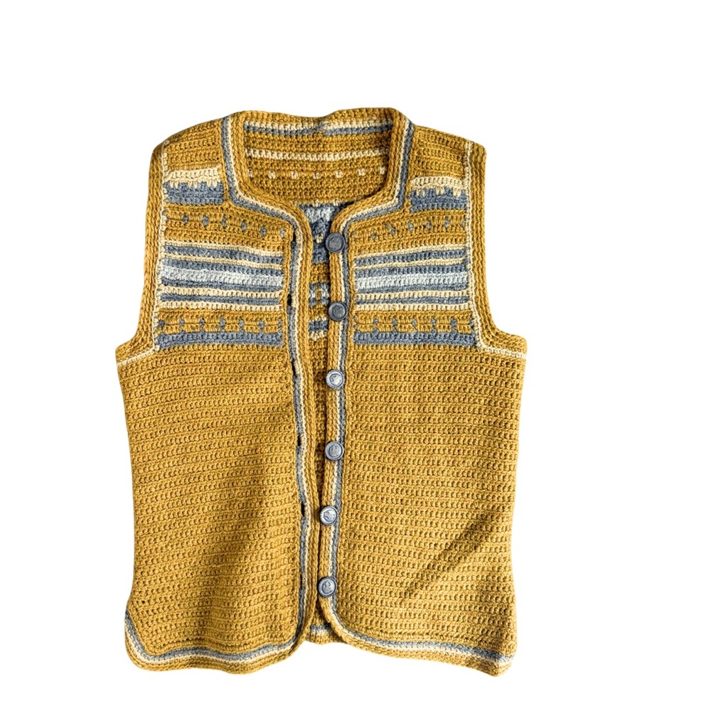 True Vintage Hand-Crocheted Mustard Yellow Button-Front Vest